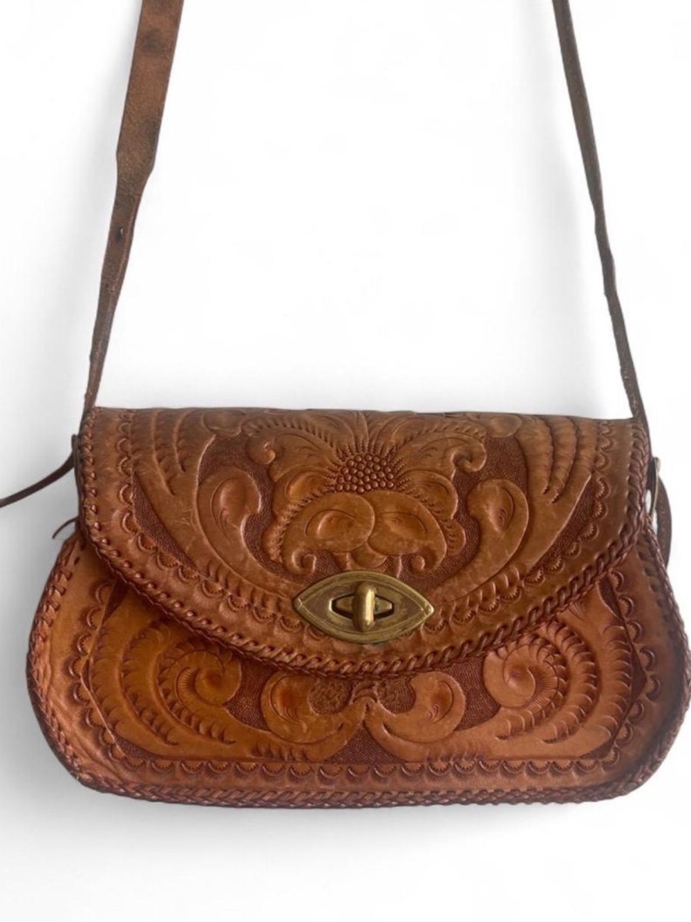Handcrafted *Leather* Brown / Tan Tooled Crossbody Bag Gold Hardware